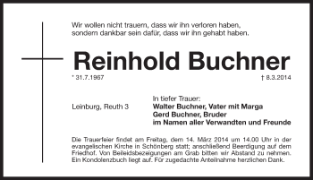 Traueranzeige von Reinhold Buchner von Pegnitz-Zeitung